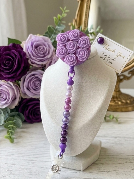 Handmade Accessories - Handmade Purple Floral Beaded Badge Reel Key & Card Holder